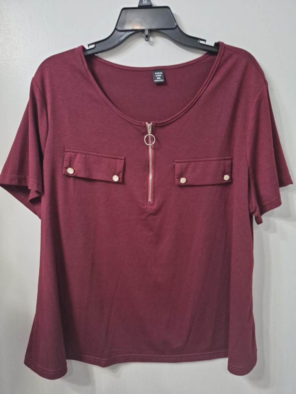 SHEIN Maroon Short Sleeve Tee with Front Zip & Pocket Flaps 2x